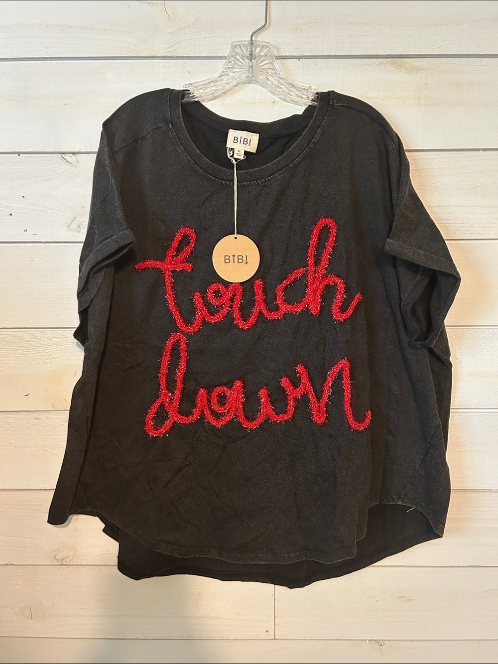 BiBi Black Long Sleeve Top with Red 'touch down' Script